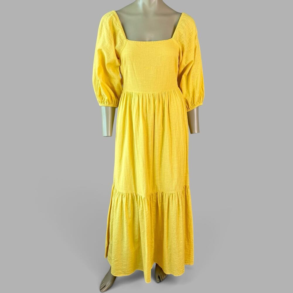 Billabong Maxi Sun Dress Tiered Womens M Yellow Dream Chaser Open Back Bohemian